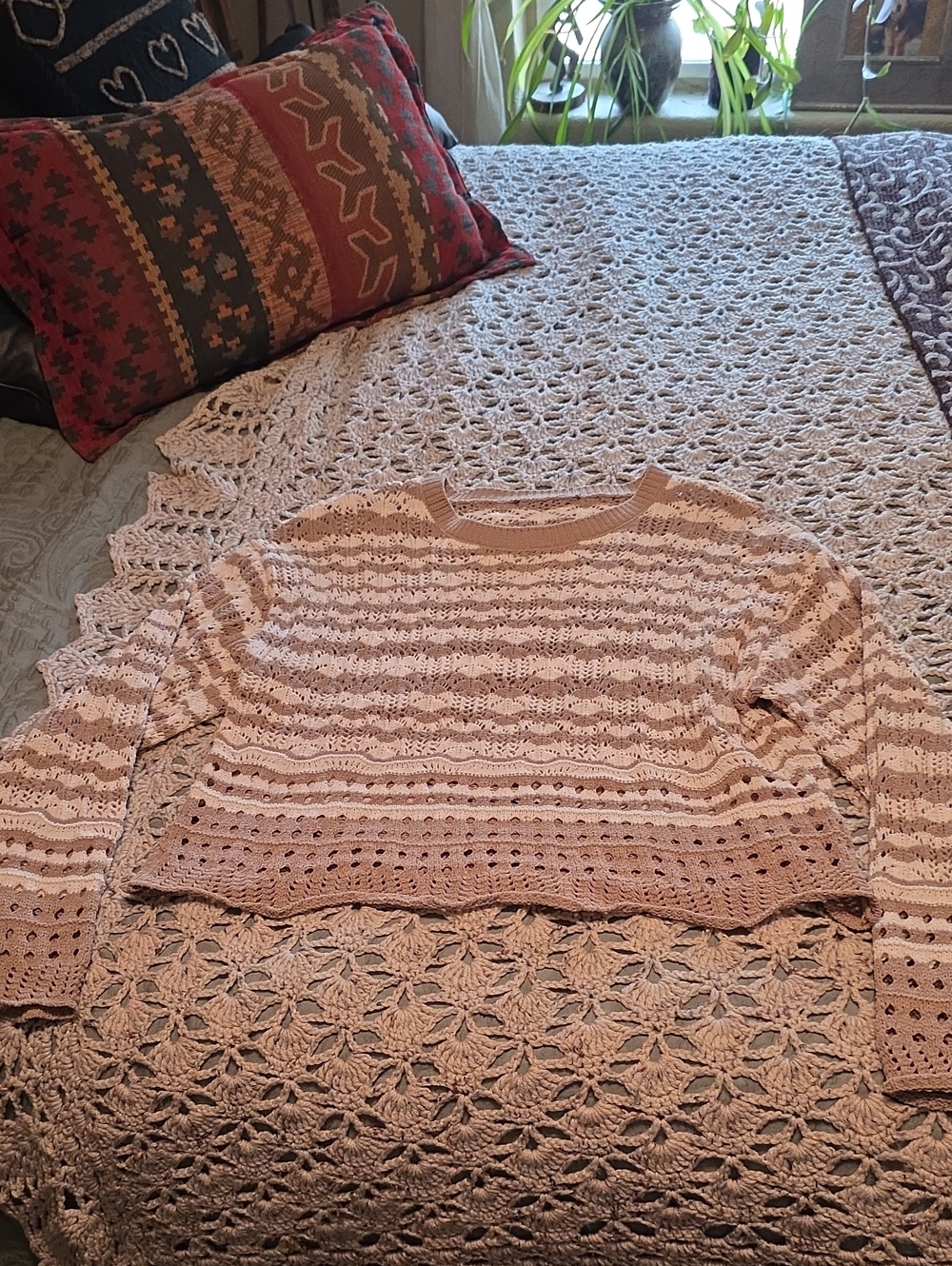 Striped Open-Knit Crewneck Sweater in Light Pink and Cream